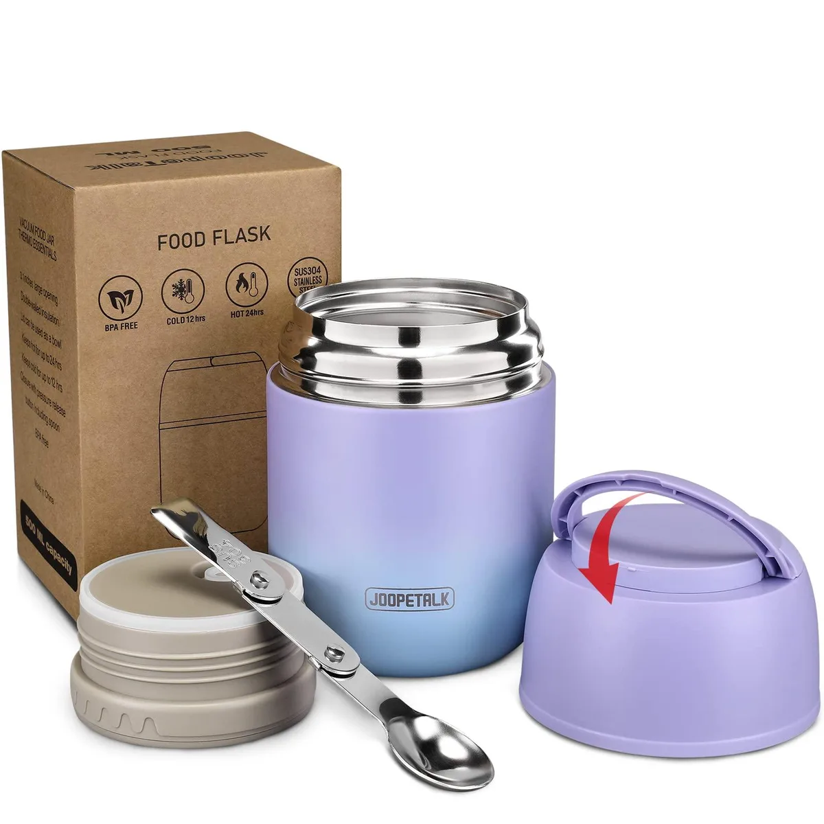 Purple-blue insulated food jar with folding spoon and handle