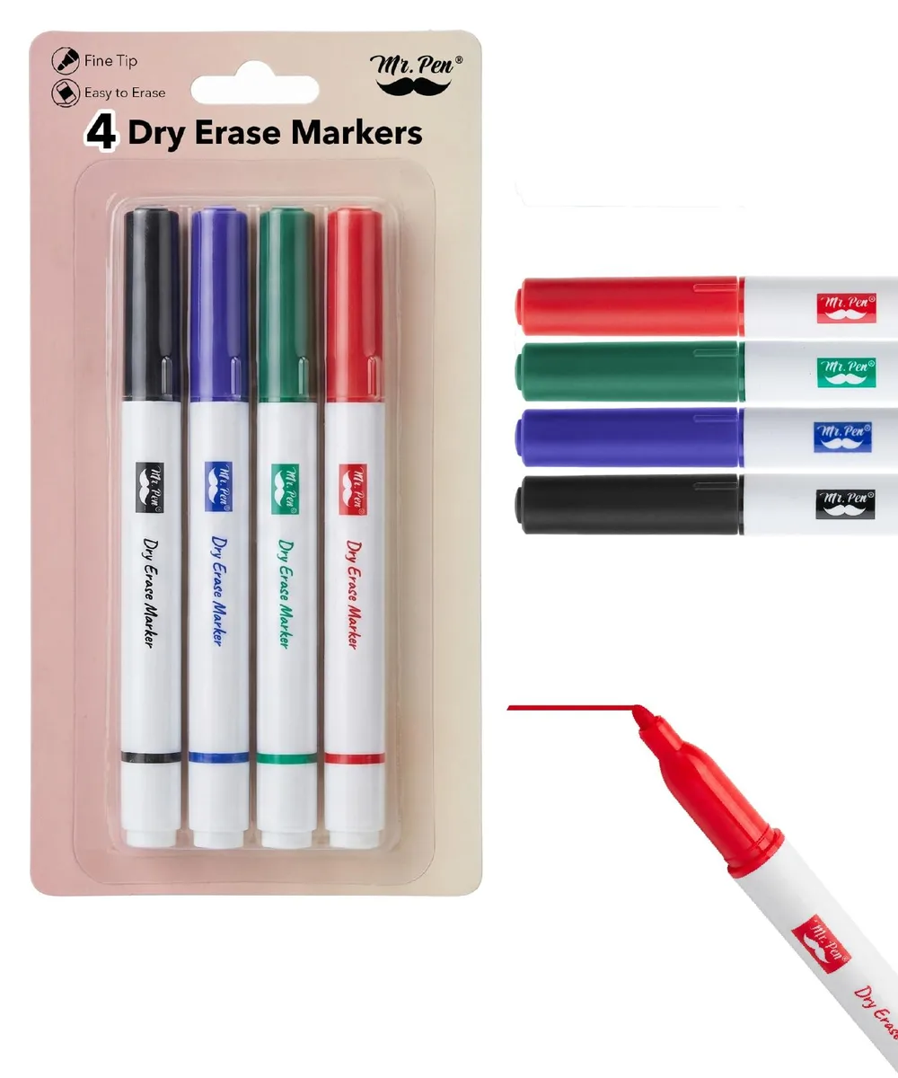 Four fine-tip dry-erase markers in red green blue black