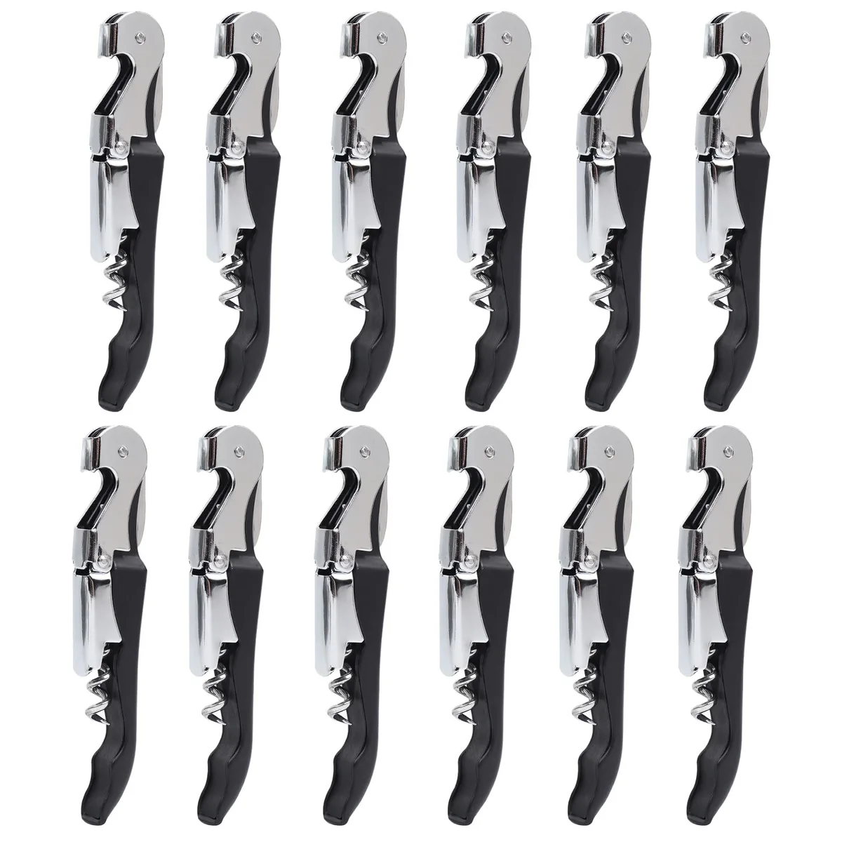 Twelve black stainless steel foldable waiter corkscrews with foil cutter and beer opener