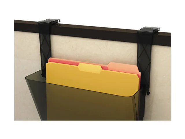 Two black plastic partition brackets, break-resistant, adjustable for walls one to four inches thick