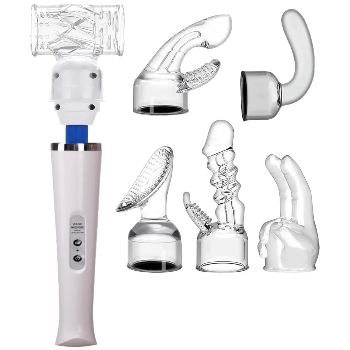 Clear cordless wand massager 32 cm long with six attachments in a storage bag