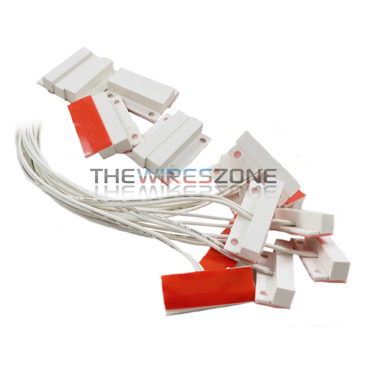 Twenty white reed switch sensors with 18 inch 22 AWG leads and mounting hardware