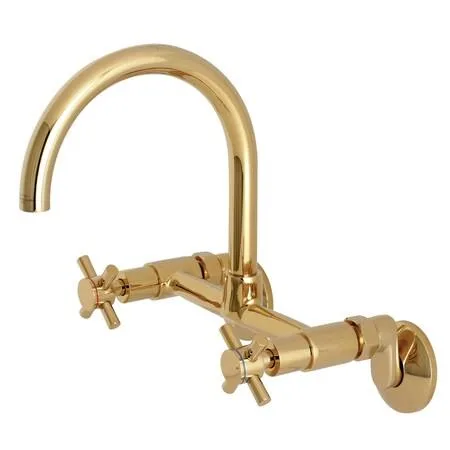 Polished brass wall mount kitchen faucet with cylindrical styling