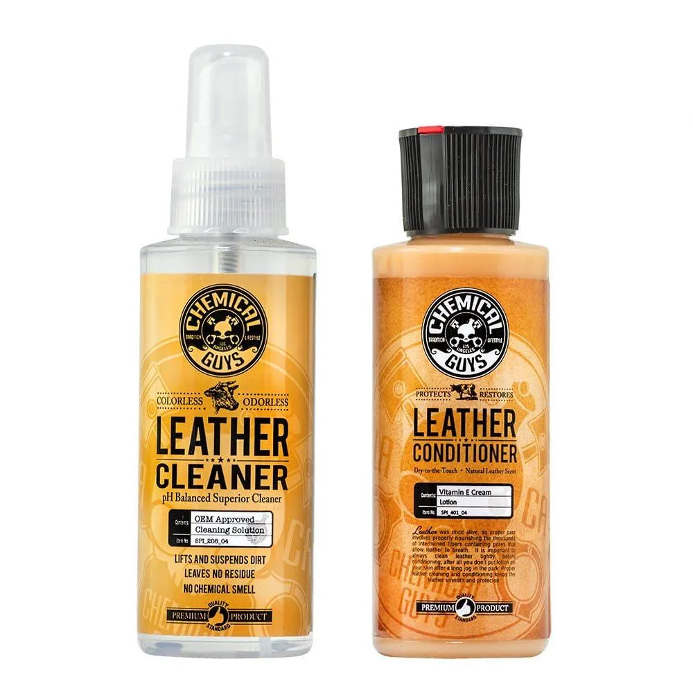 Two 4 oz yellow bottles of leather cleaner and conditioner