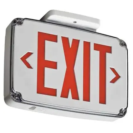 White thermoplastic LED exit sign with red letters, single face, universal chevrons, emergency battery backup
