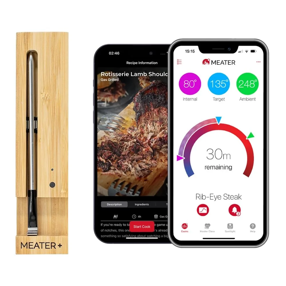 A slender honey-coloured metal probe inside a matching wooden charging block