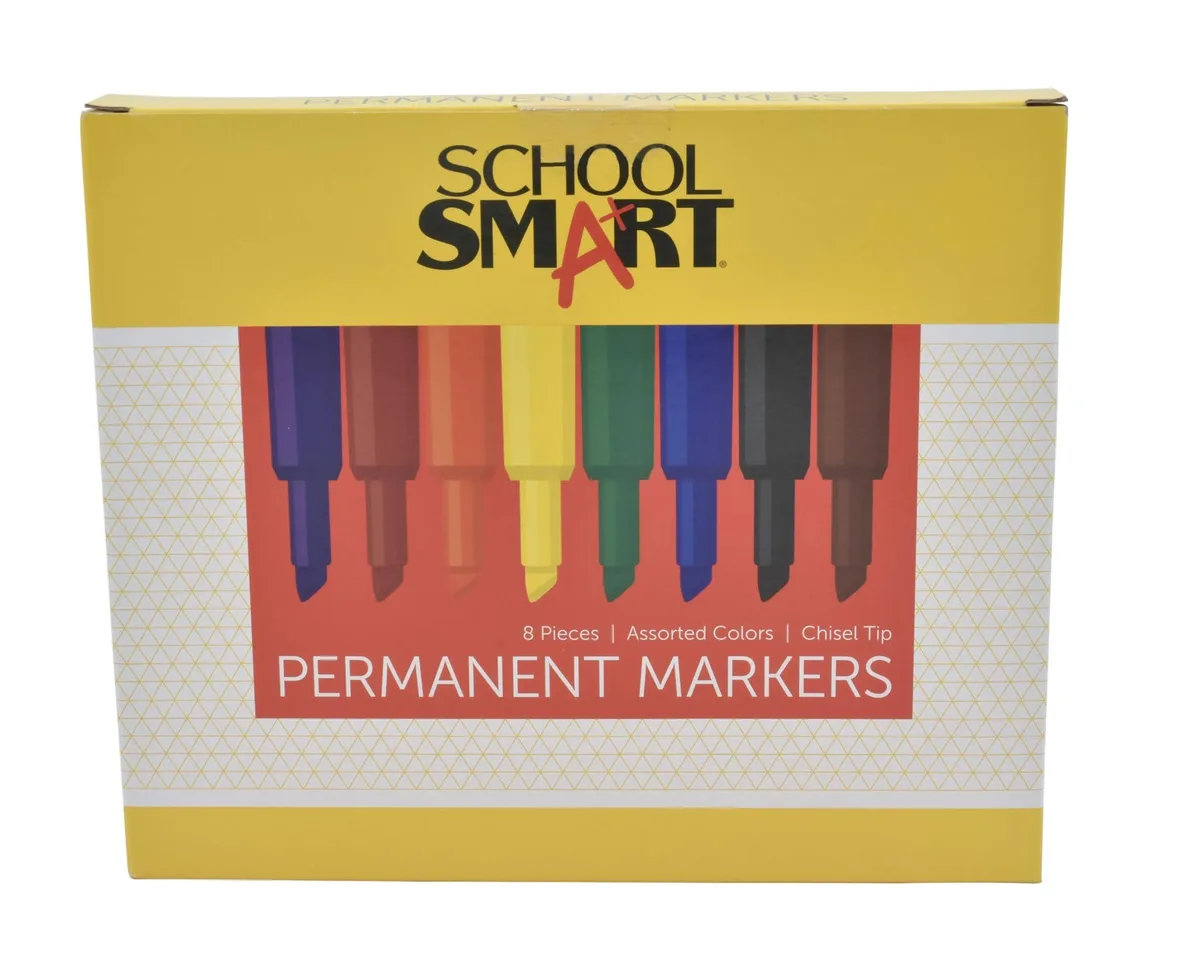 Eight broad chisel tip permanent markers in assorted colours