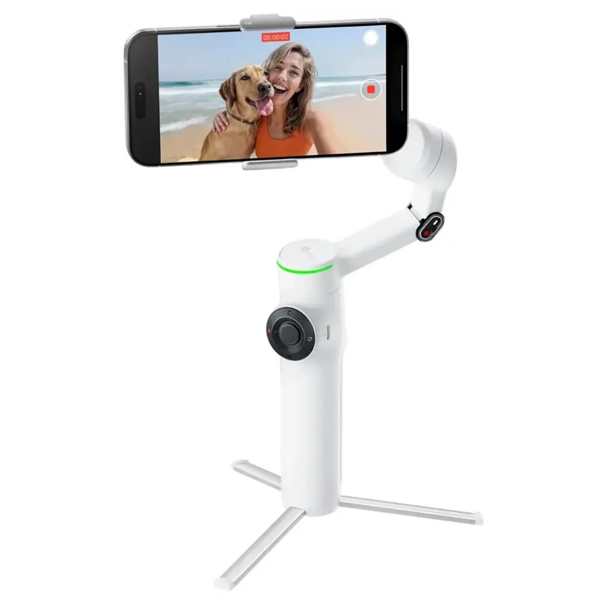 White 3-axis smartphone gimbal with built-in tripod and selfie stick, folded compact, includes AI tracker module