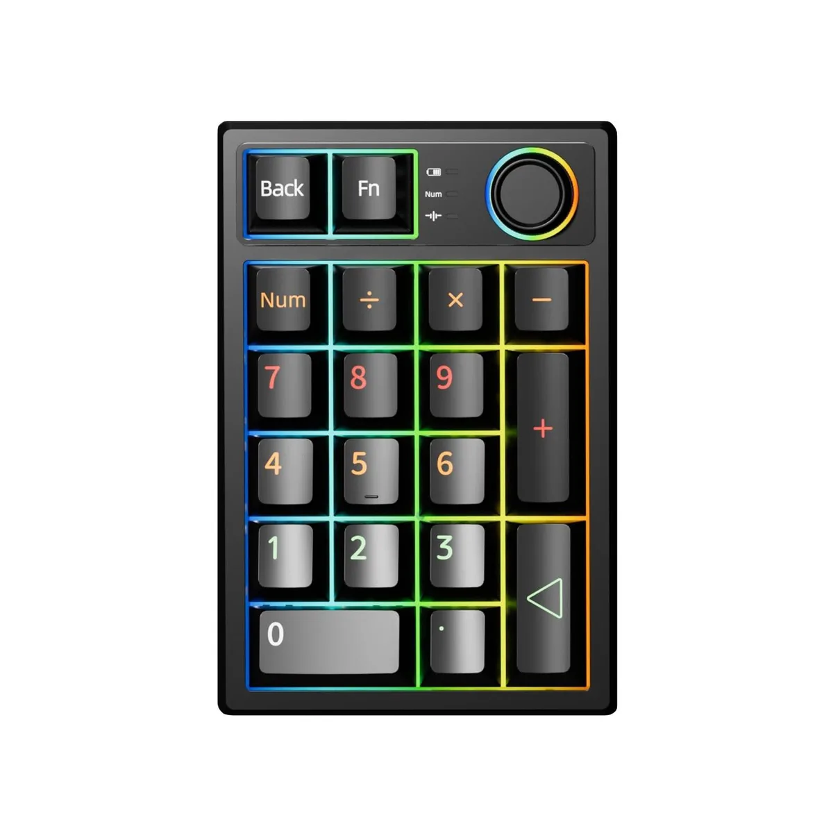 Black mechanical numpad with metal knob and RGB backlighting