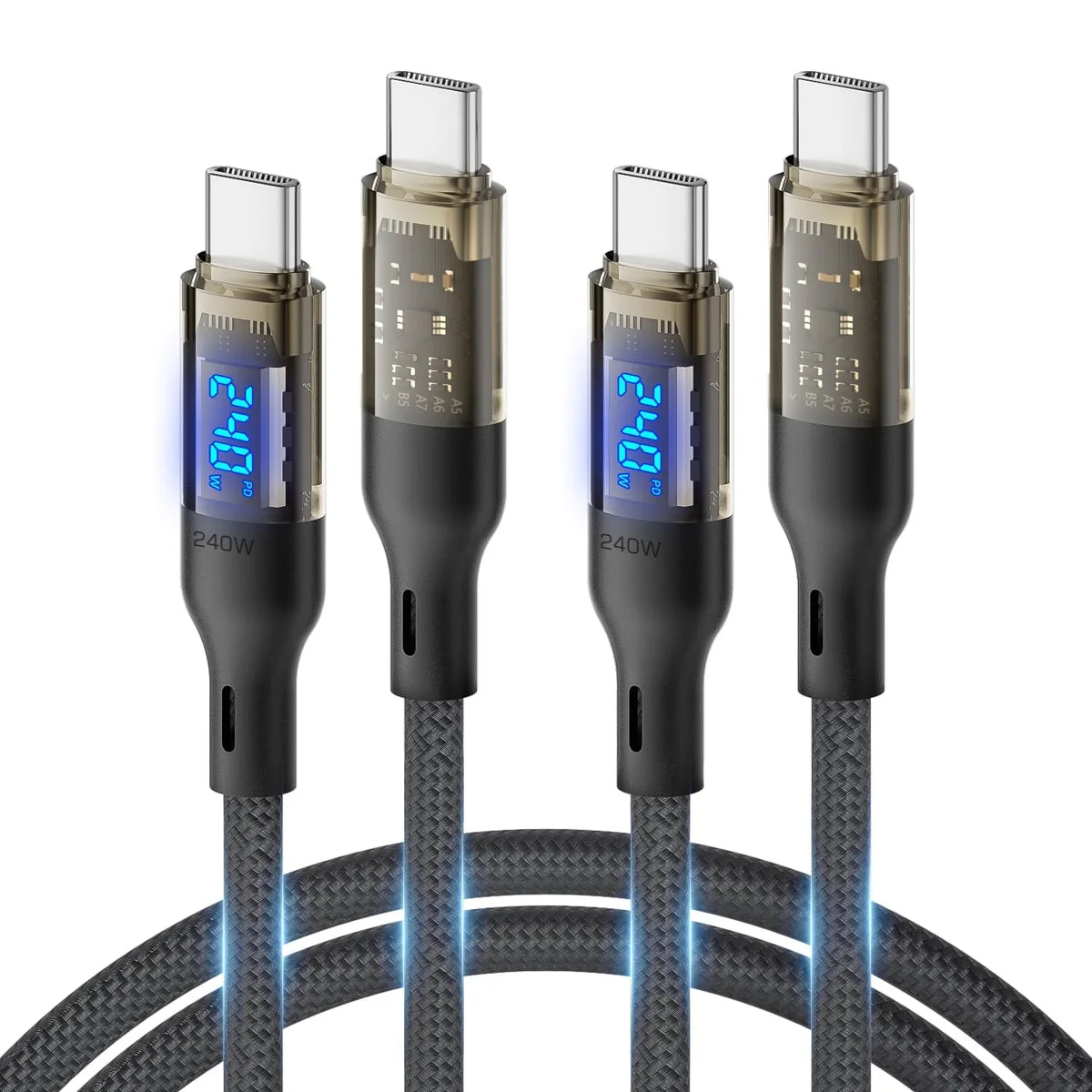 miqpower miqpower 240W USB C to USB C Cable 4ft 2-Pack LED Display Transparent Shell Black — product photo