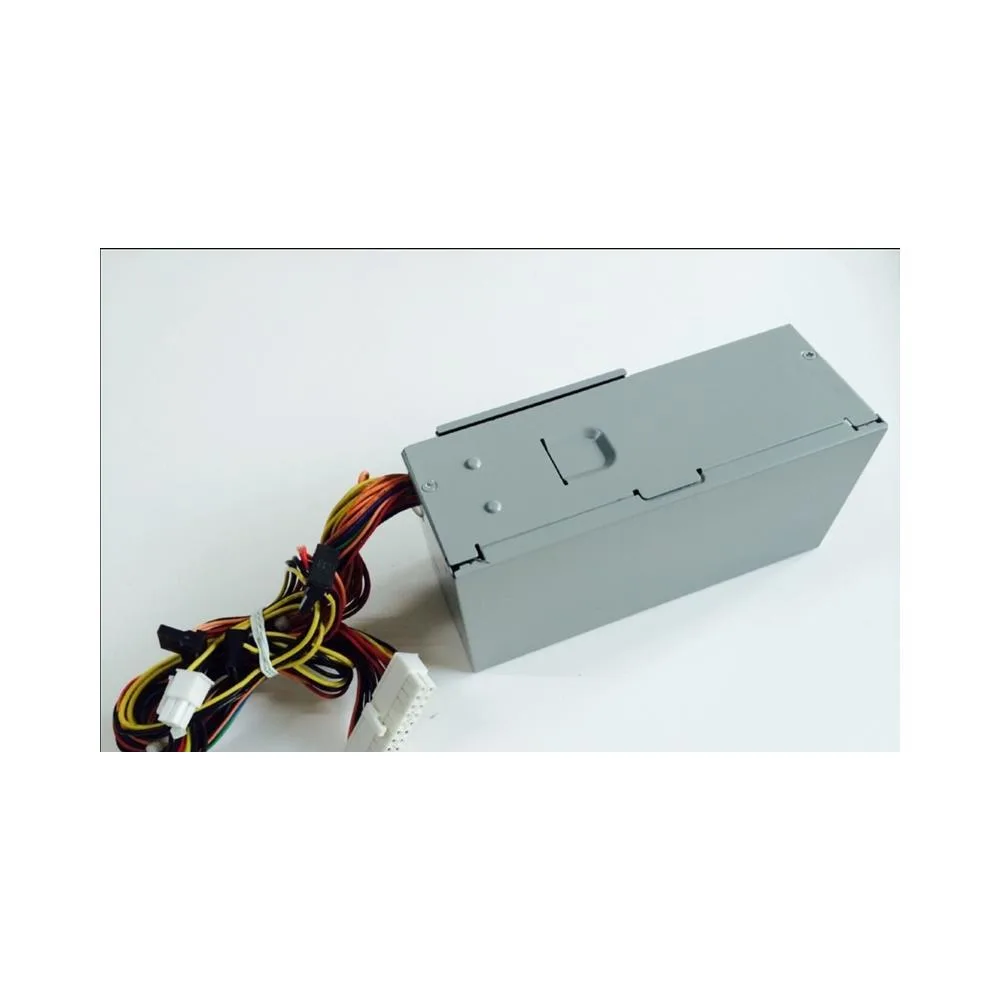 Small black metal power supply unit with 24-pin connector and cooling vents