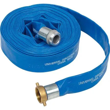 Blue PVC lay-flat discharge hose 50 ft with aluminum couplings