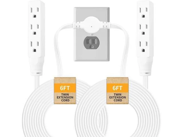 White flat-plug twin extension cord with two 6 ft branches and three grounded outlets per side