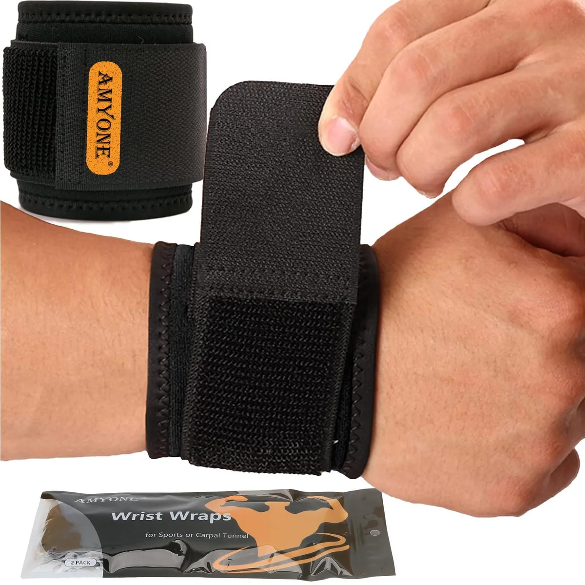 Pair of black wrist braces with adjustable velcro straps shown flat side by side
