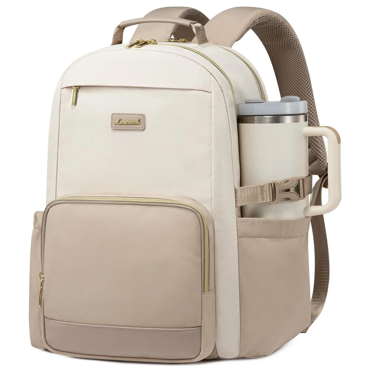 Beige-khaki polyester laptop backpack with side cup pocket and padded straps