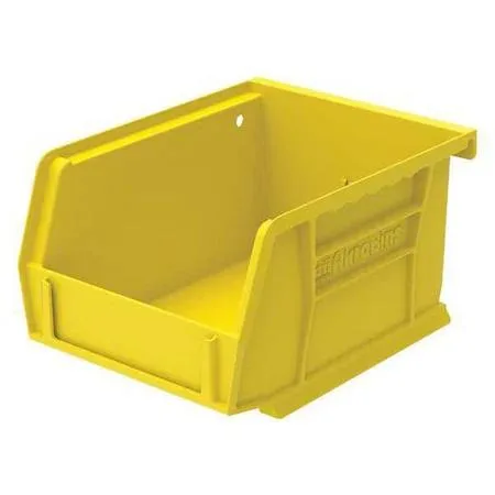 Yellow plastic hang-and-stack storage bin with label slots and divider slot