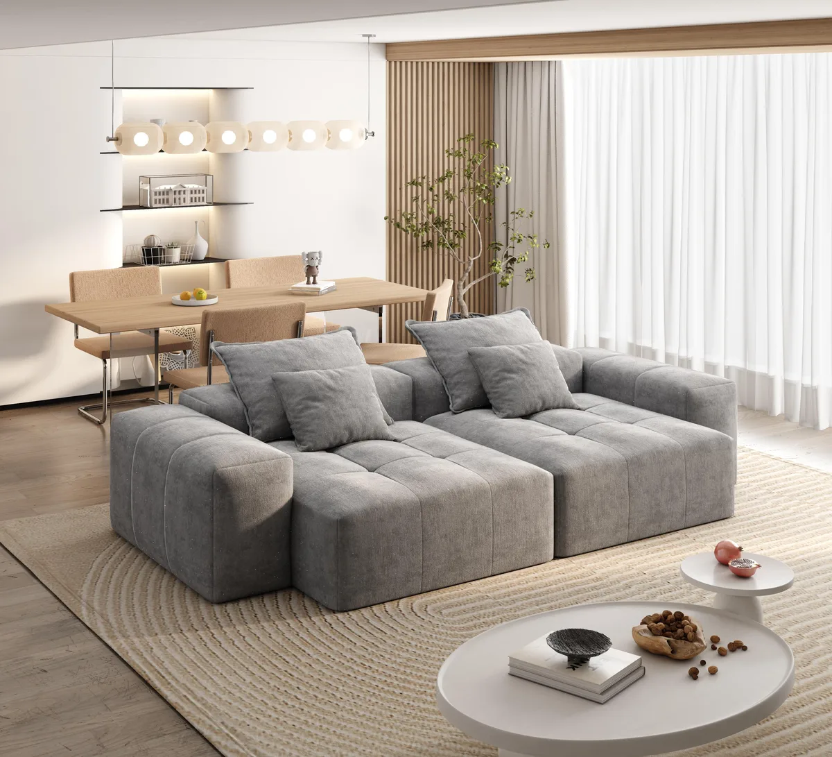 Grey modular sectional sofa with two chaise lounges, tufted chenille fabric, four pillows