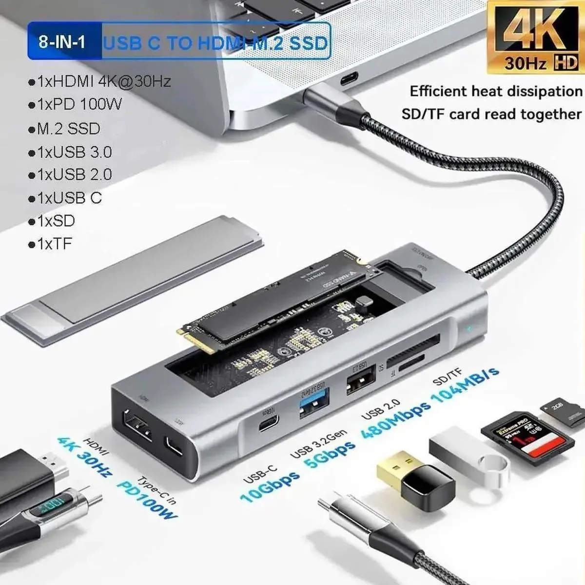 Vszerda Vszerda USB-C Docking Station with M.2 NVMe SATA SSD Enclosure 10Gbps 100W PD — product photo