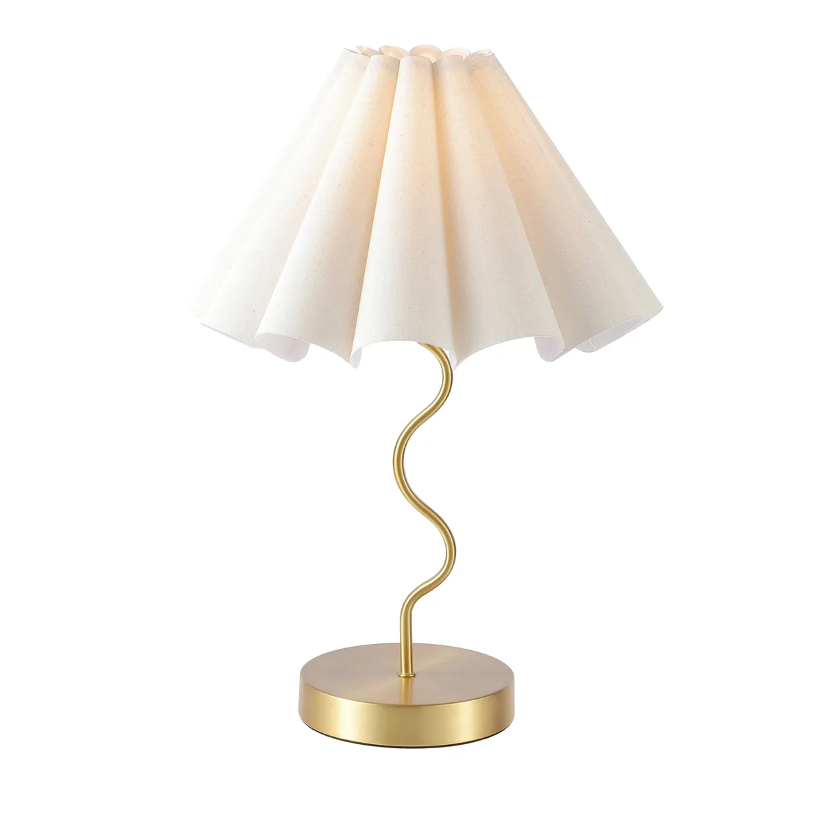 A round brushed metal table lamp with a pleated linen shade and touch switch