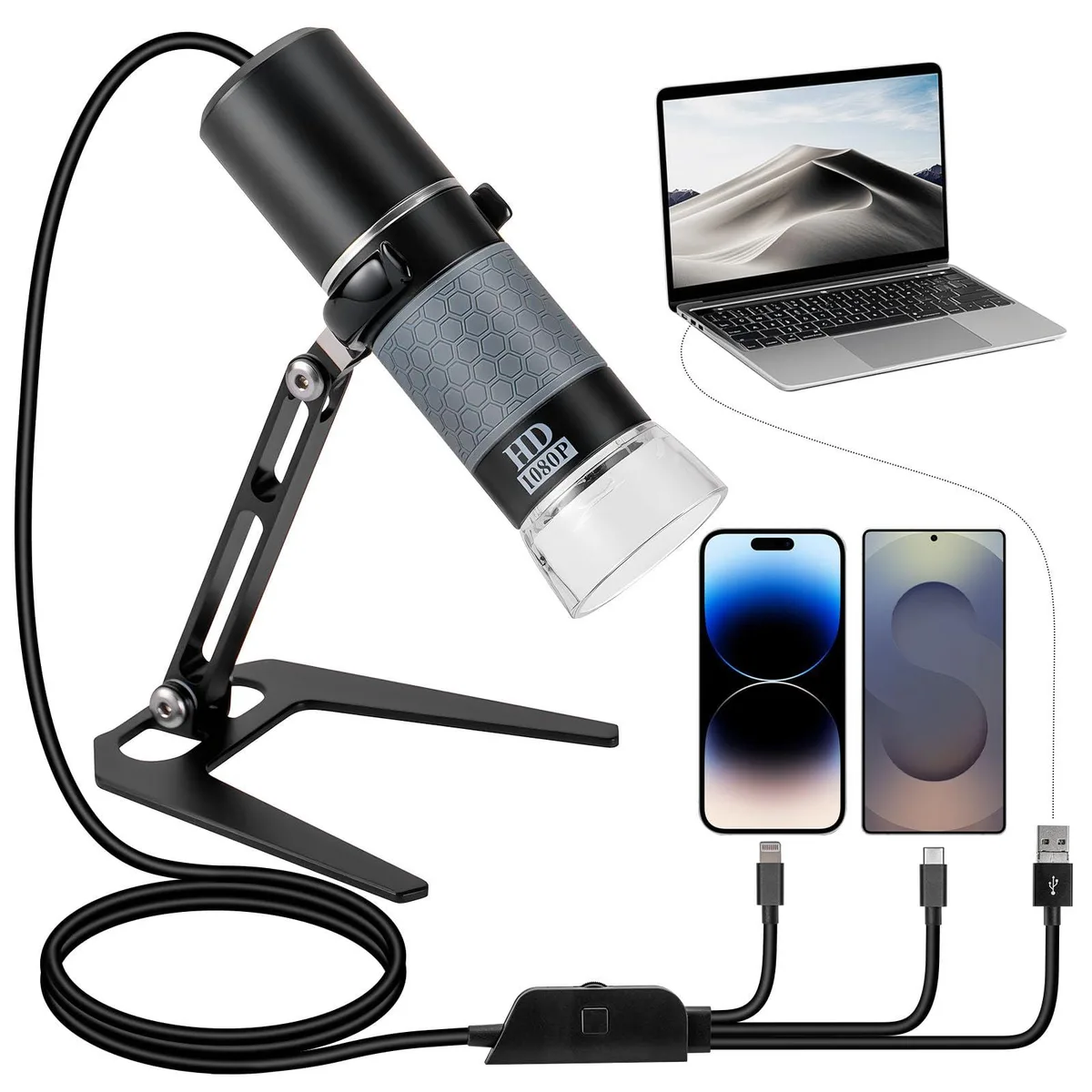 Black cylindrical USB microscope with eight LED lights, 50-1000x magnification