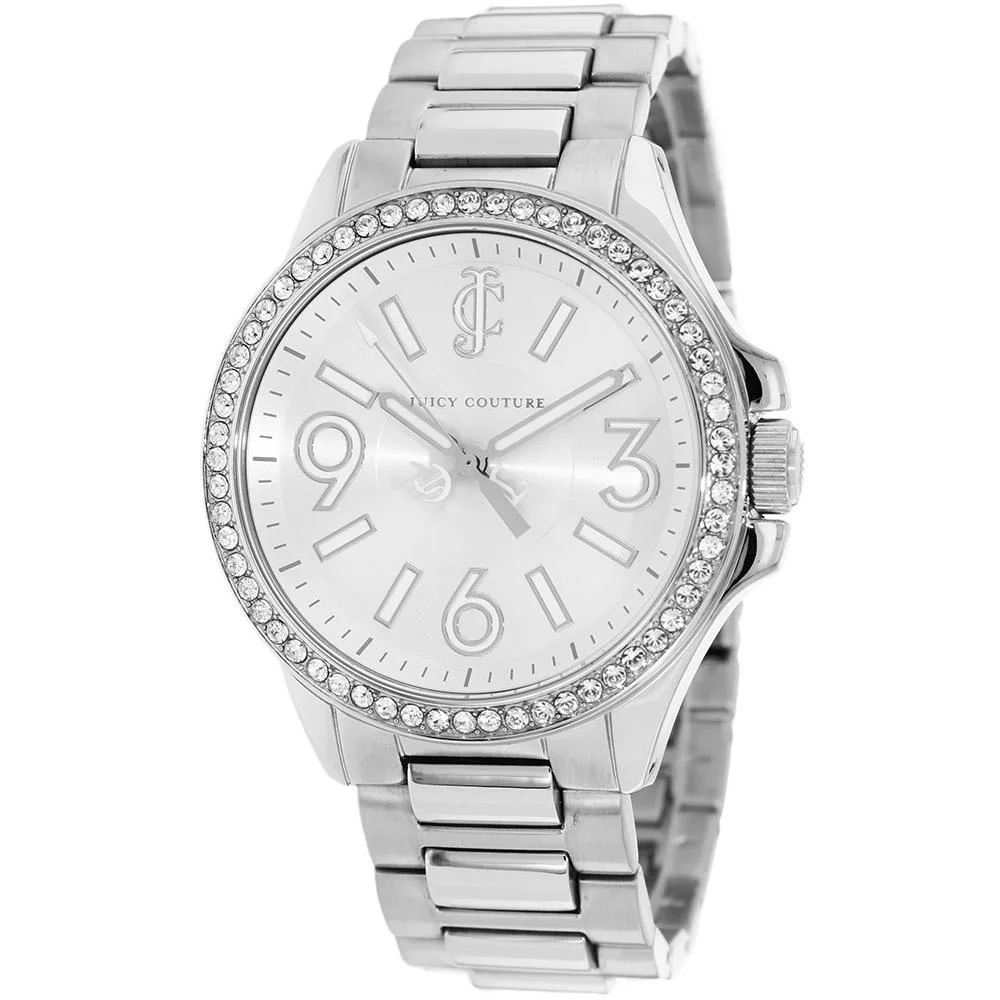 Silver dial watch on black stainless steel bracelet