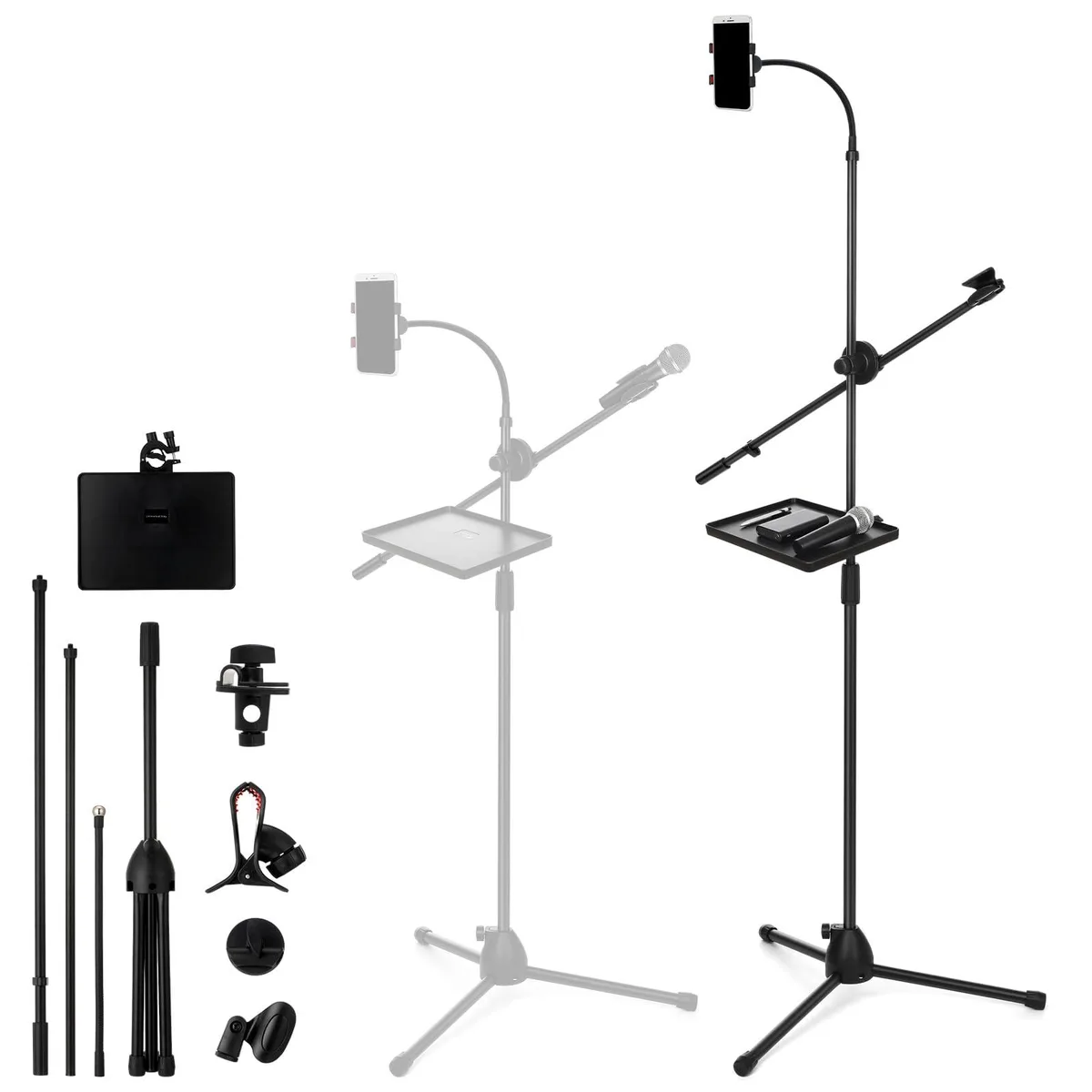  Tellegloww QMF-Tellegloww-2118 Microphone Floor Stand with Tray, Phone Holder, Boom Arm, 59-70 Inch — product photo