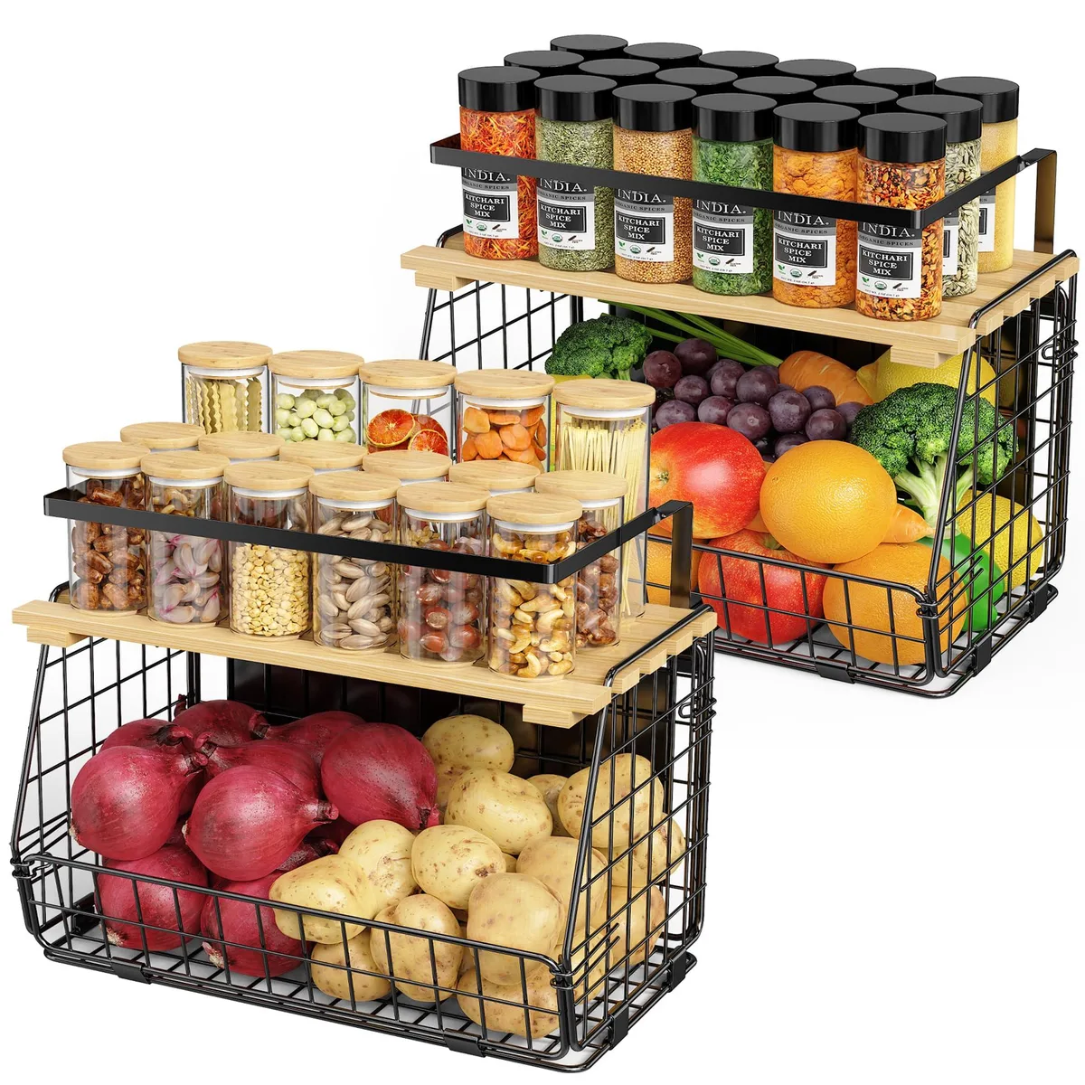 Red two-tier magnetic fridge shelf with ventilated baskets and lids