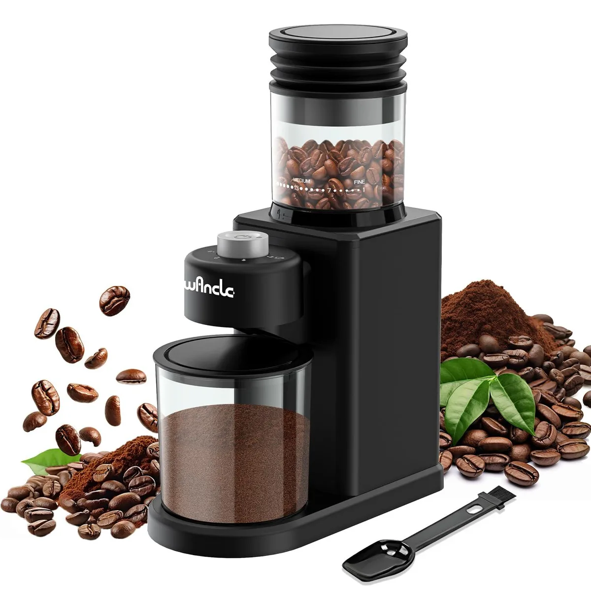 Silver conical burr coffee grinder, compact rectangular shape, 25 grind settings, 200W