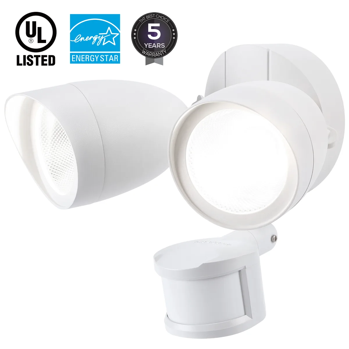 White dual-head LED floodlight with adjustable heads and motion sensor