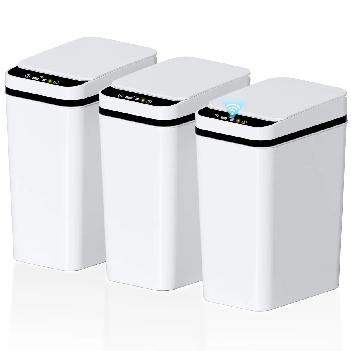 Three slim white plastic touchless bins with motion sensor lids