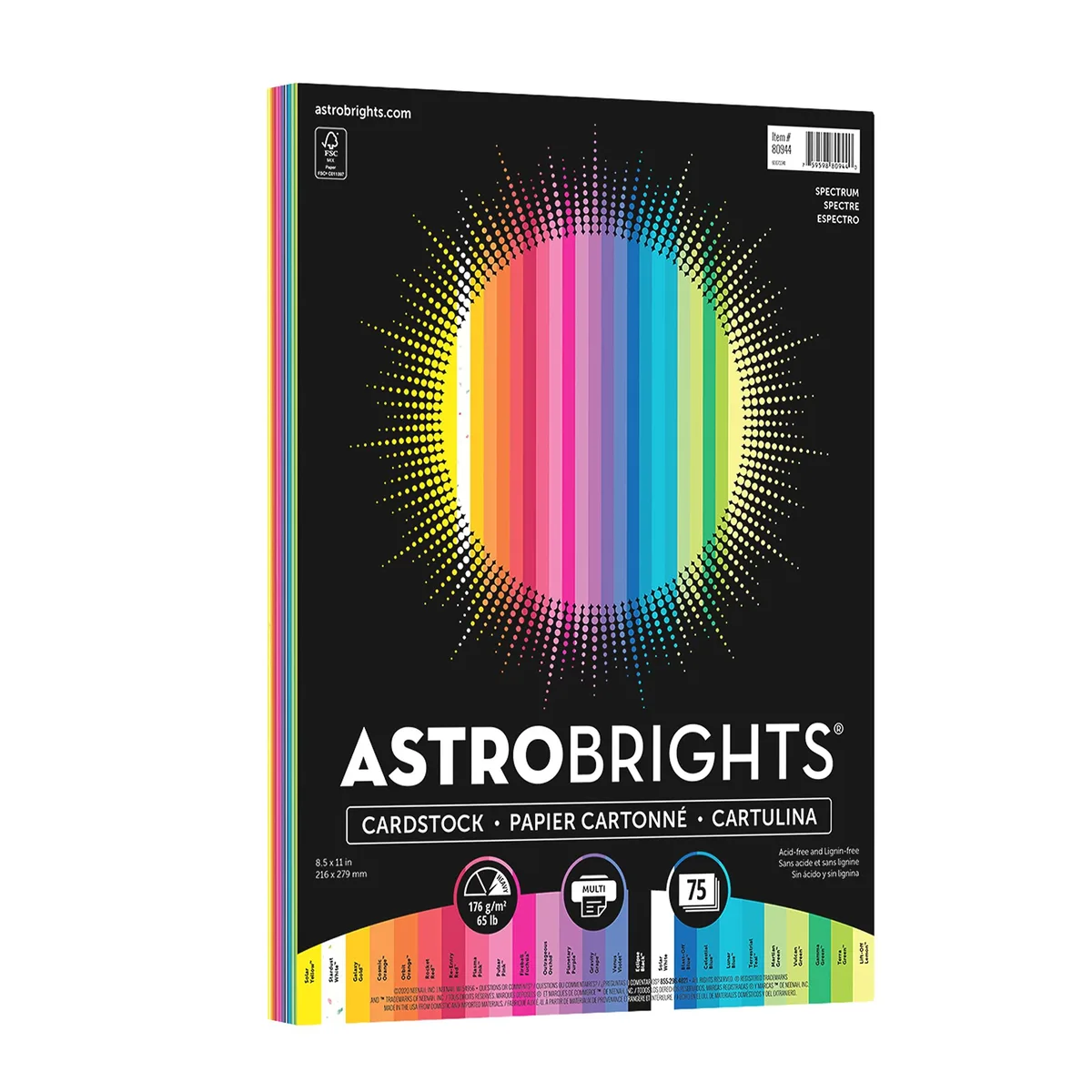 Pack of 75 Spectrum cardstock sheets 8.5x11 inches