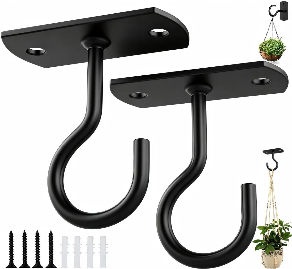 Two black metal ceiling hooks with narrow bases and mounting screws