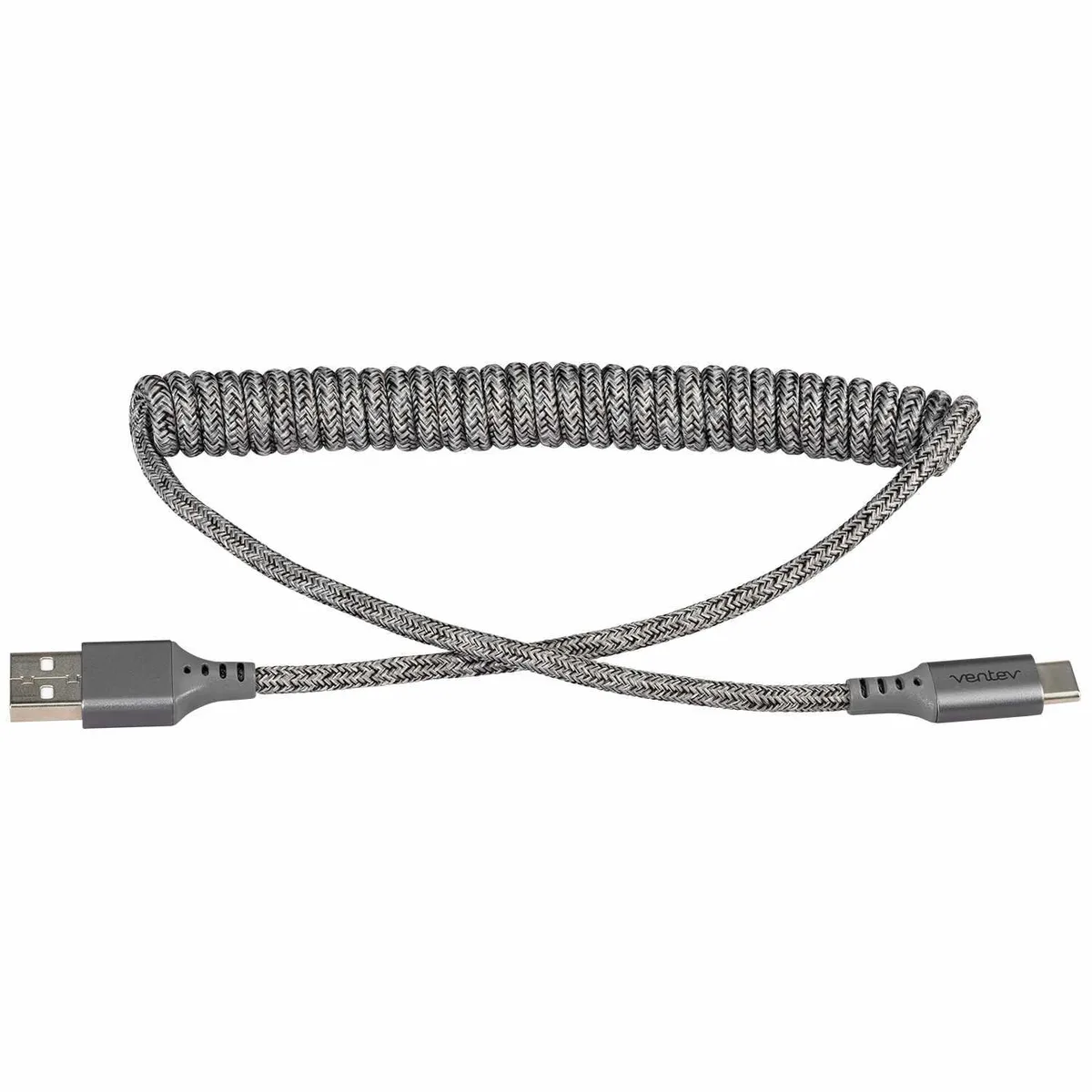 Coiled grey USB-C cable with braided cloth finish and aluminium connector housings