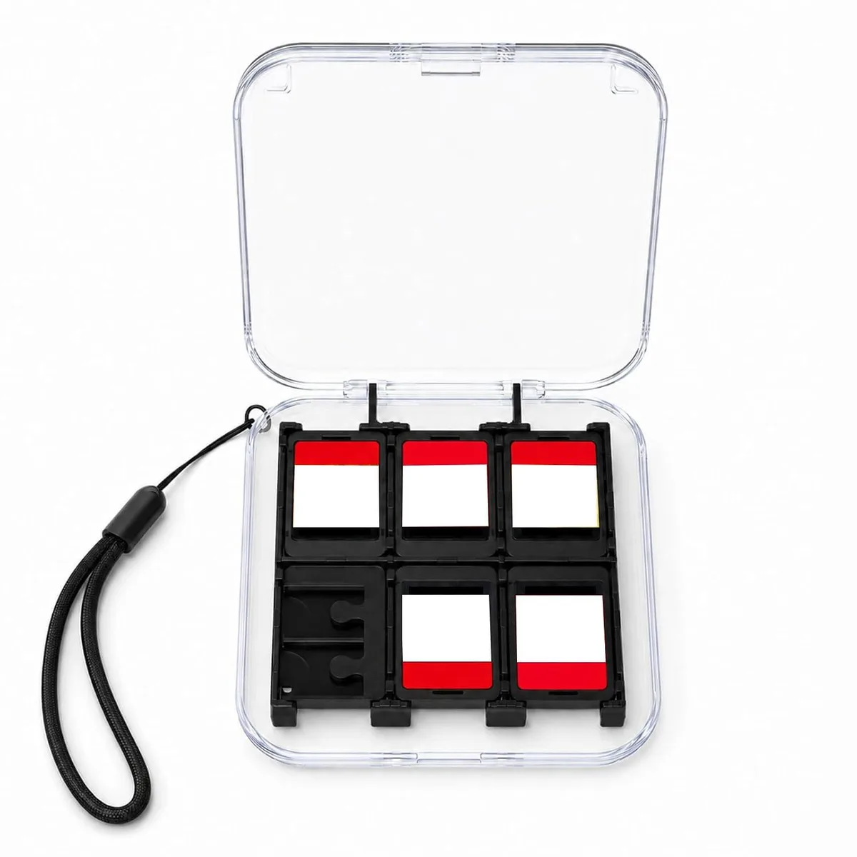 Clear hard-shell case holding 11 game cartridges and 2 micro SD cards