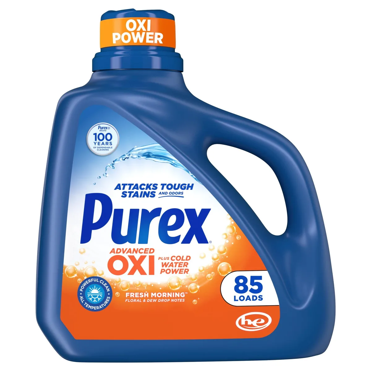 Large 128 fl oz white plastic jug with blue cap and yellow label reading Purex Advanced Oxi with Odor Fighter