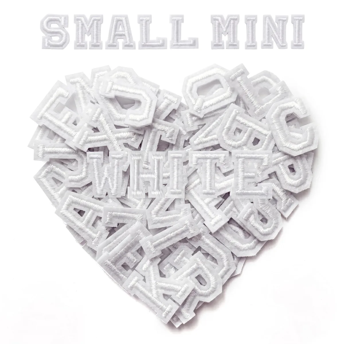 White polyester embroidered alphabet patches, 0.75 inch, 104 pieces on backing card