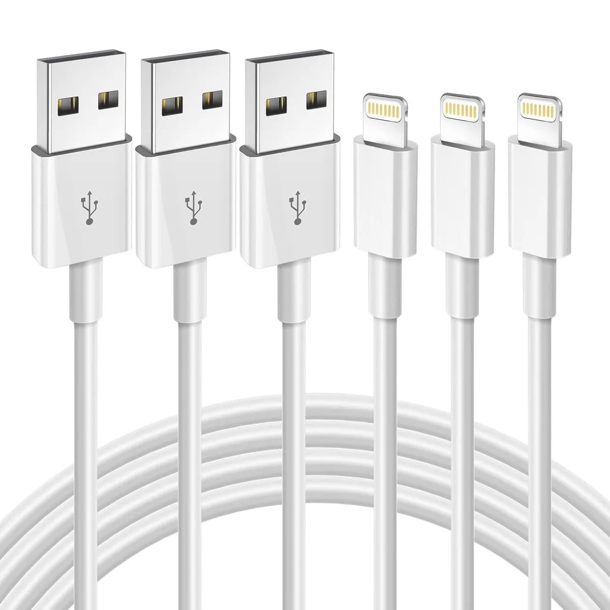 Three white USB-A to Lightning cables coiled together, each six feet long with compact connector heads