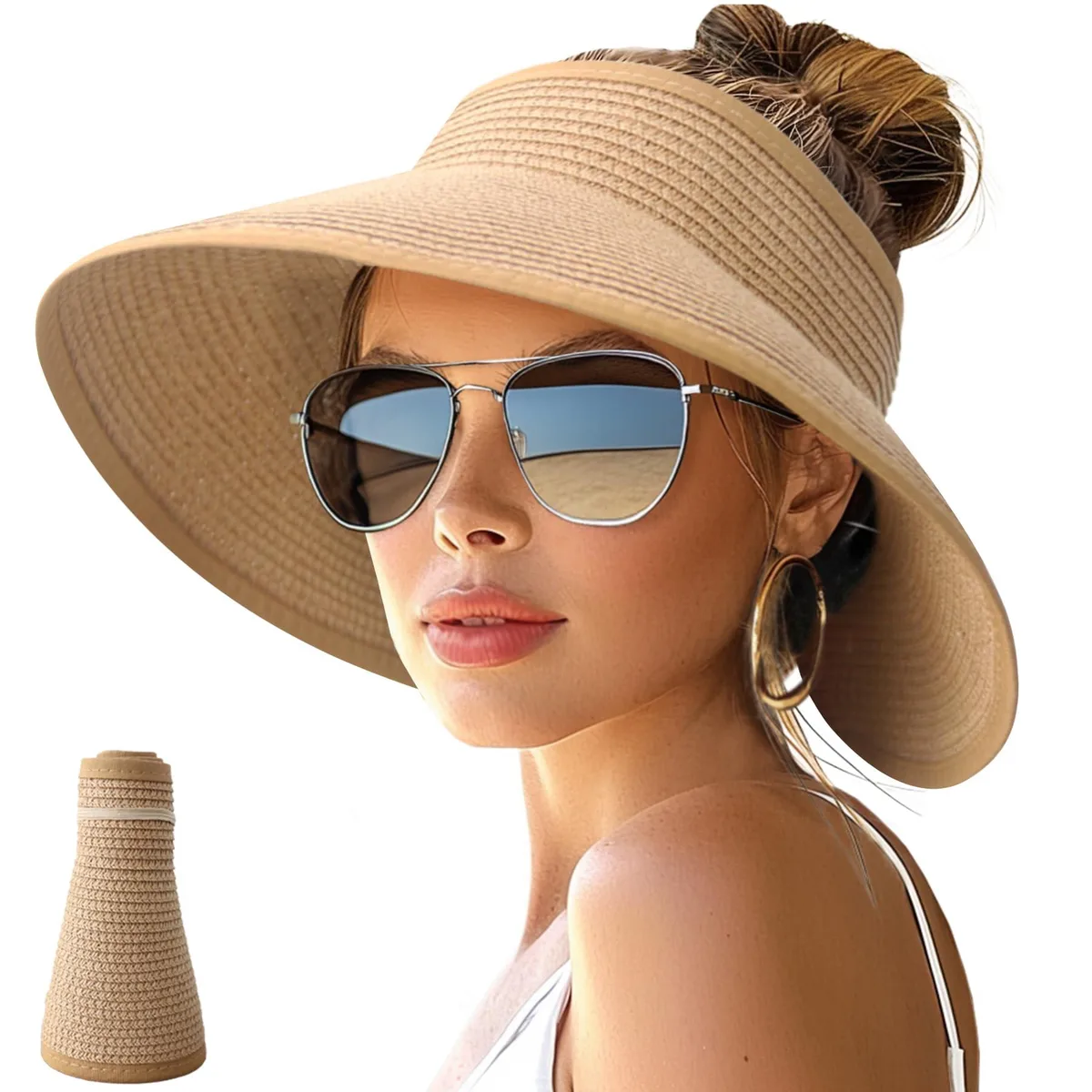 Khaki paper-straw sun visor with wide brim open top and adjustable back strap