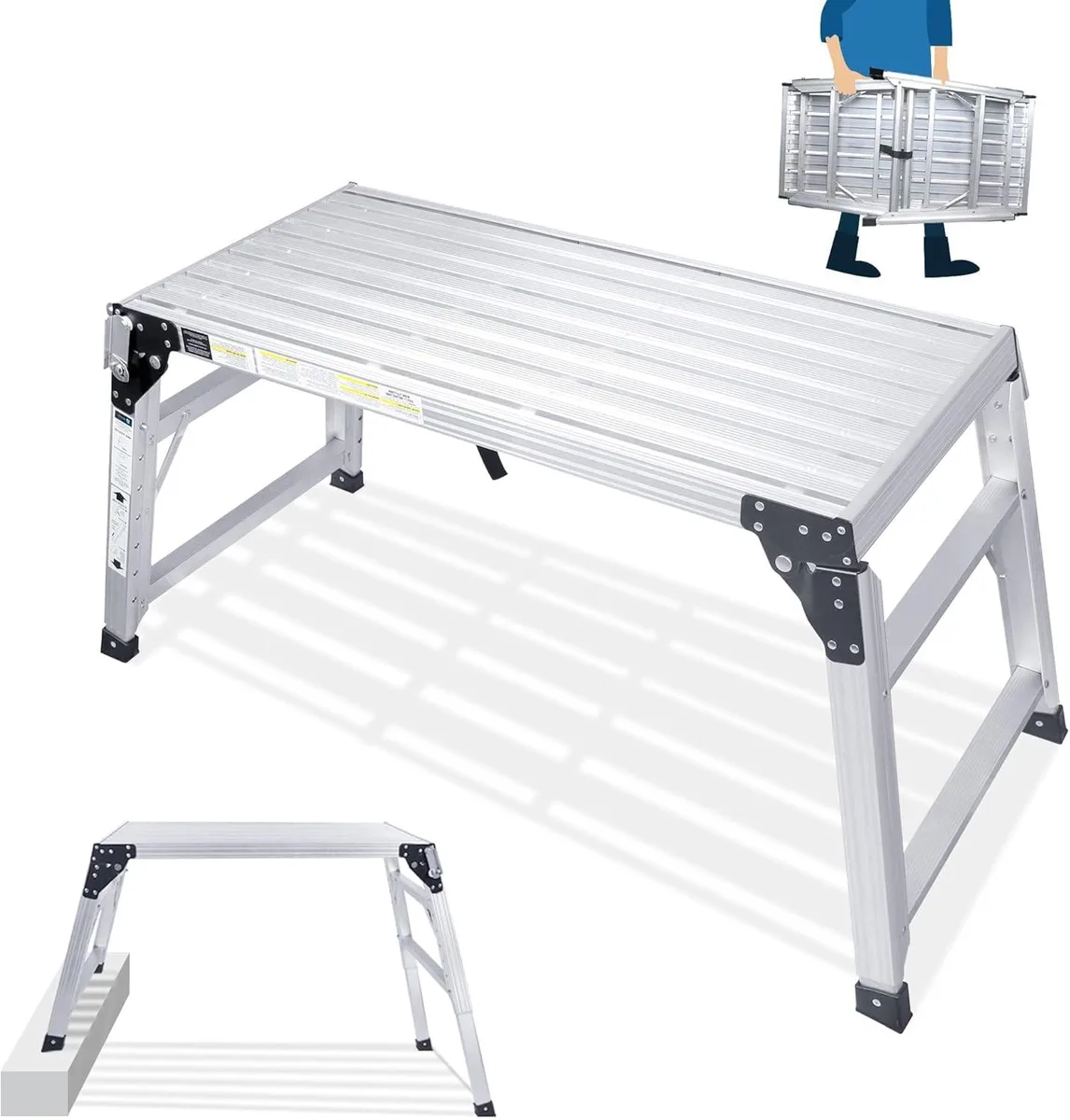 Silver aluminium folding work platform, 39.4 by 18.5 inches, rubber feet, safety locks