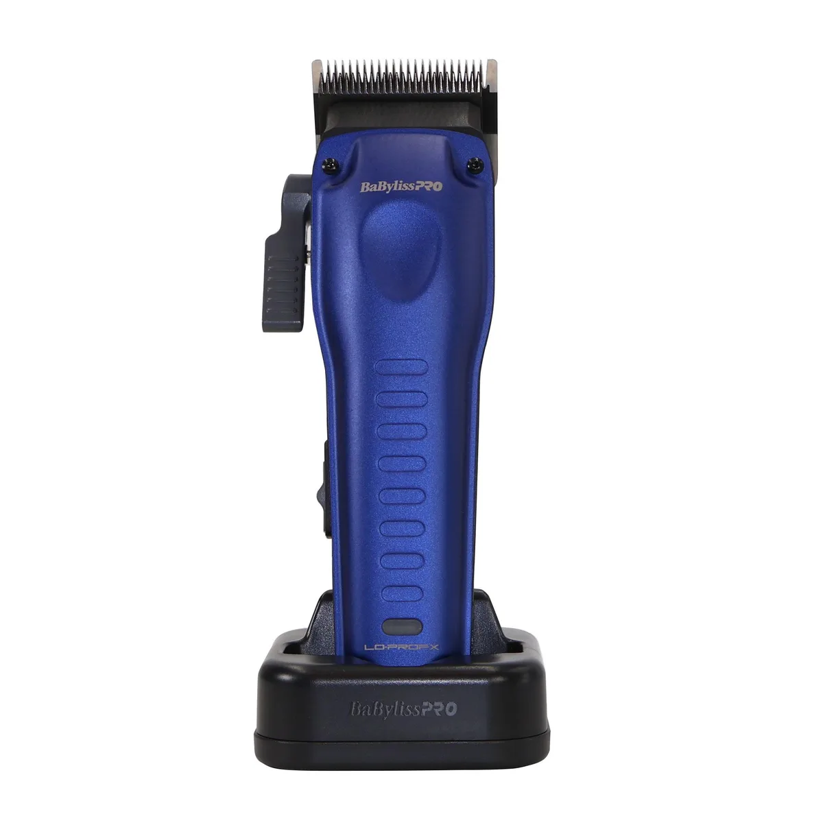 Compact silver clipper with black blade and charging stand