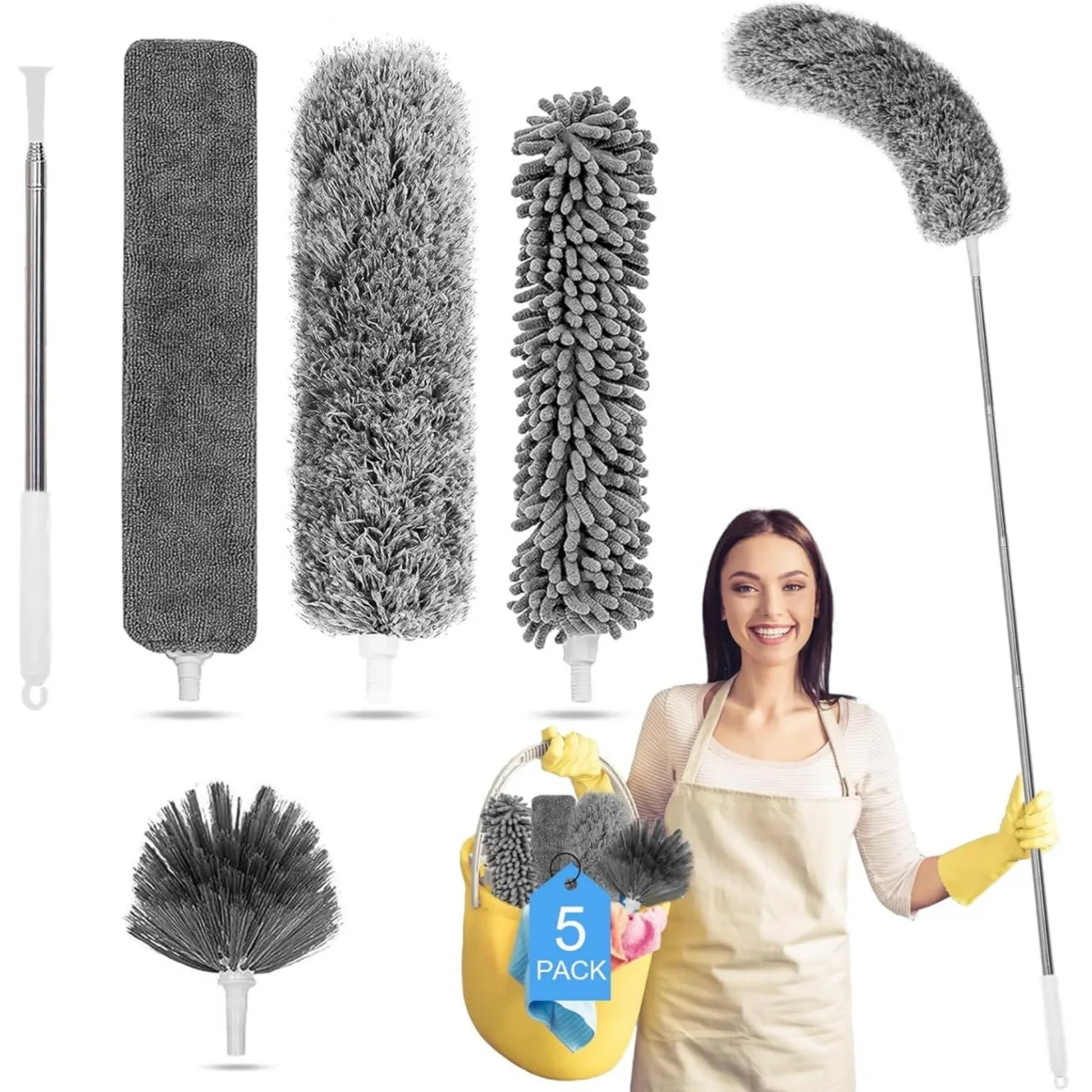 Black microfiber feather duster kit with five detachable heads on a 100-inch telescoping pole