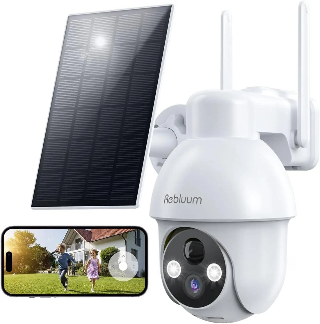 White cylindrical outdoor camera with integrated solar panel on top