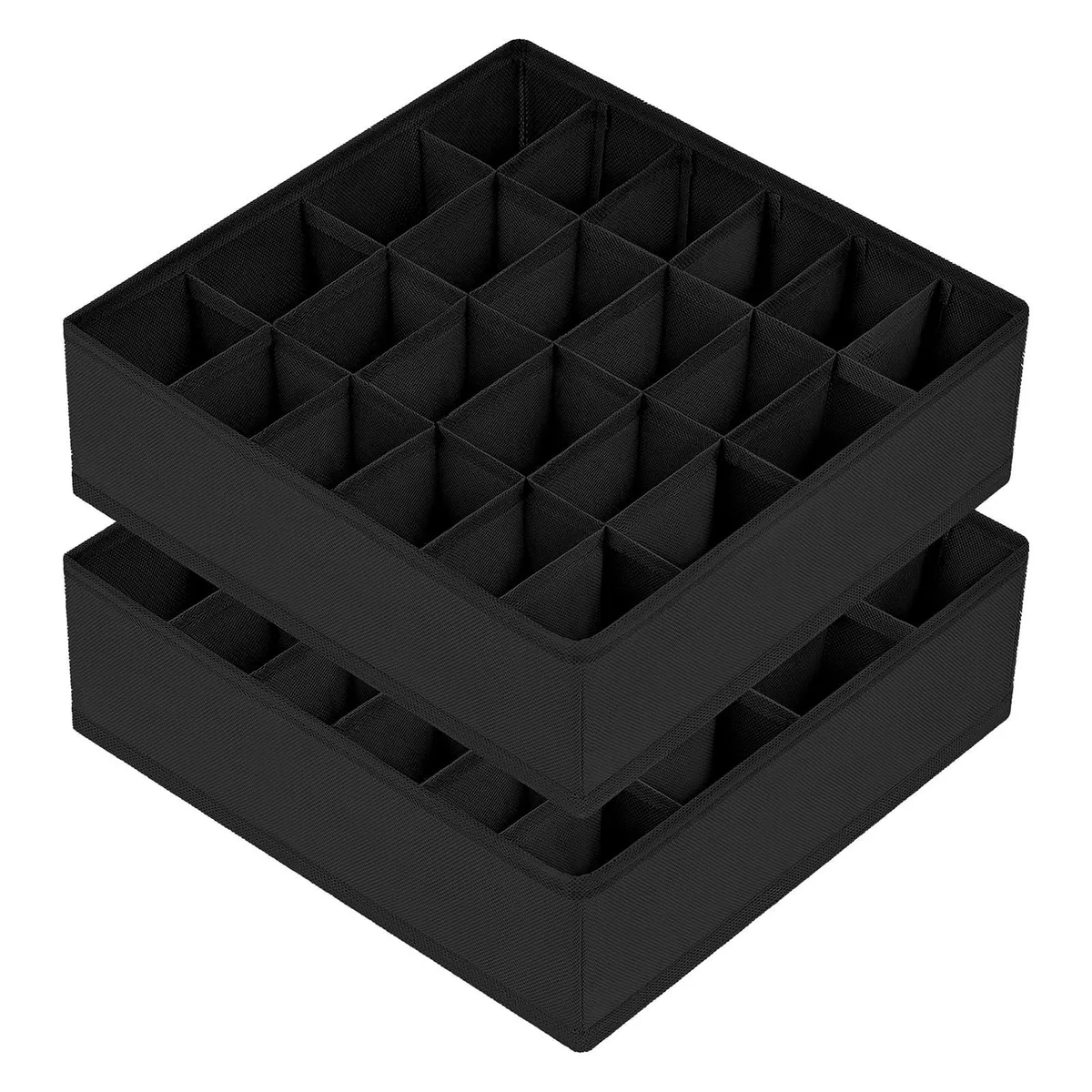 Two black collapsible fabric drawer organisers with 24 mesh cells each