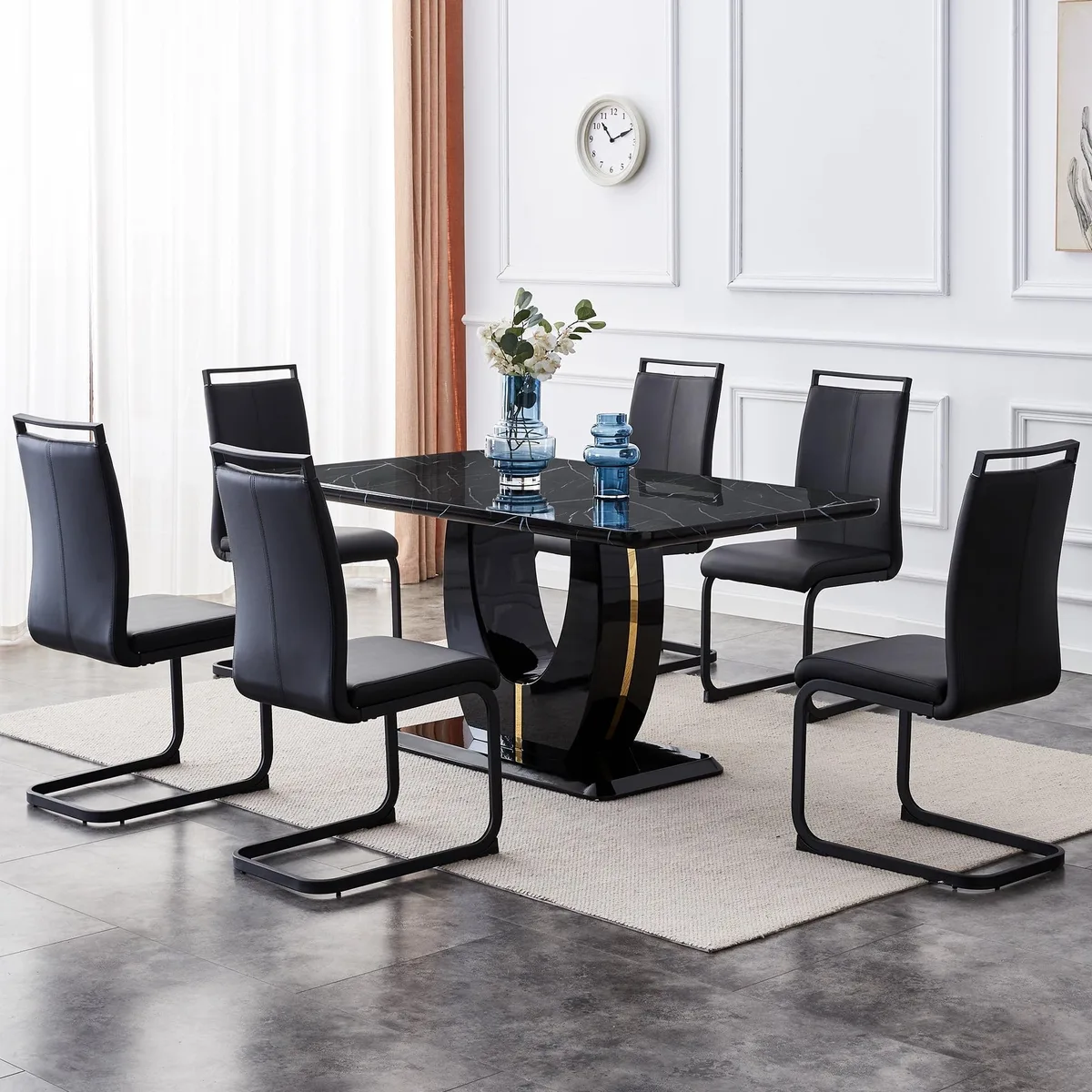Sumdeal Sumdeal 63" Faux Marble Dining Set 7 Piece Black — product photo
