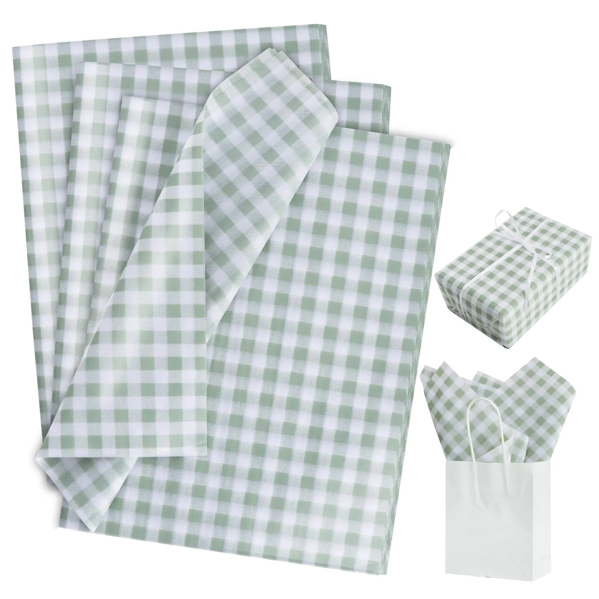 Sage green and white checkered tissue paper stack, 50 sheets, 14 by 20 inches