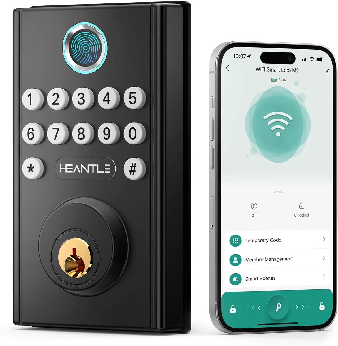 HEANTLE HEANTLE Smart Door Lock Black Fingerprint WiFi Bluetooth 100 Codes 50 Prints — product photo