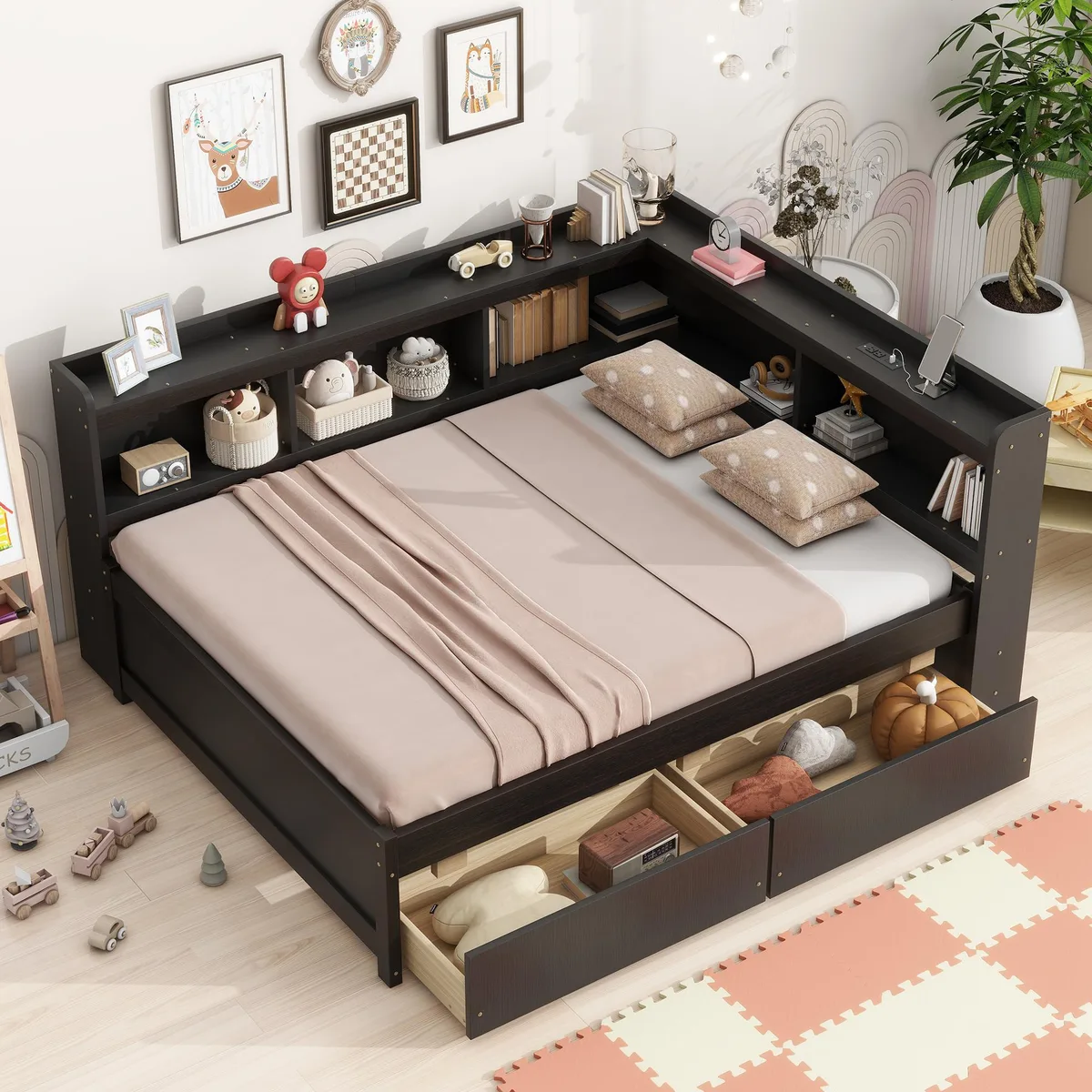 Espresso pine L-shaped bed with headboard shelves, two drawers and built-in power outlets