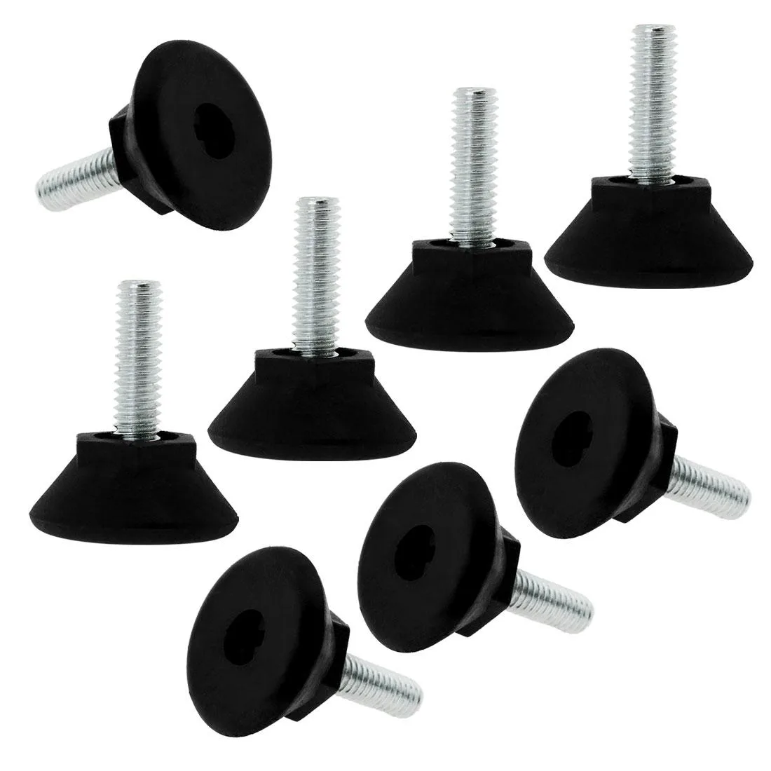 Eight M6 adjustable leveling feet with plastic bases and threaded stems