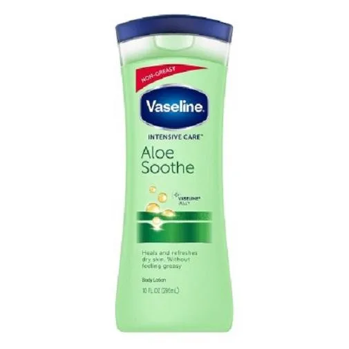 Six white squeeze bottles of aloe lotion 10 oz each