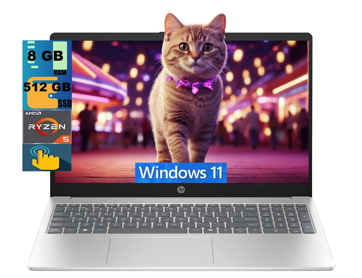 HP HP 15 laptop AMD Ryzen 5 7520U 8GB 512GB 15.6" touchscreen Silver — product photo